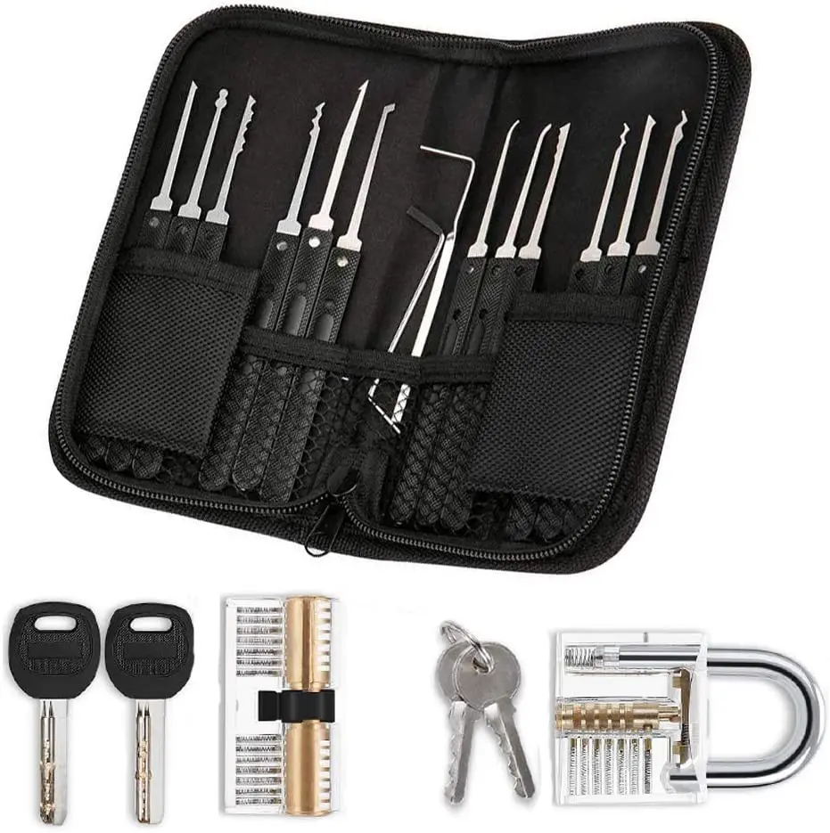

17 Pieces Lock Set Locksmith Tools Tension Practice Training Kit with 2 Pack Transparent Padlock Picking Tool