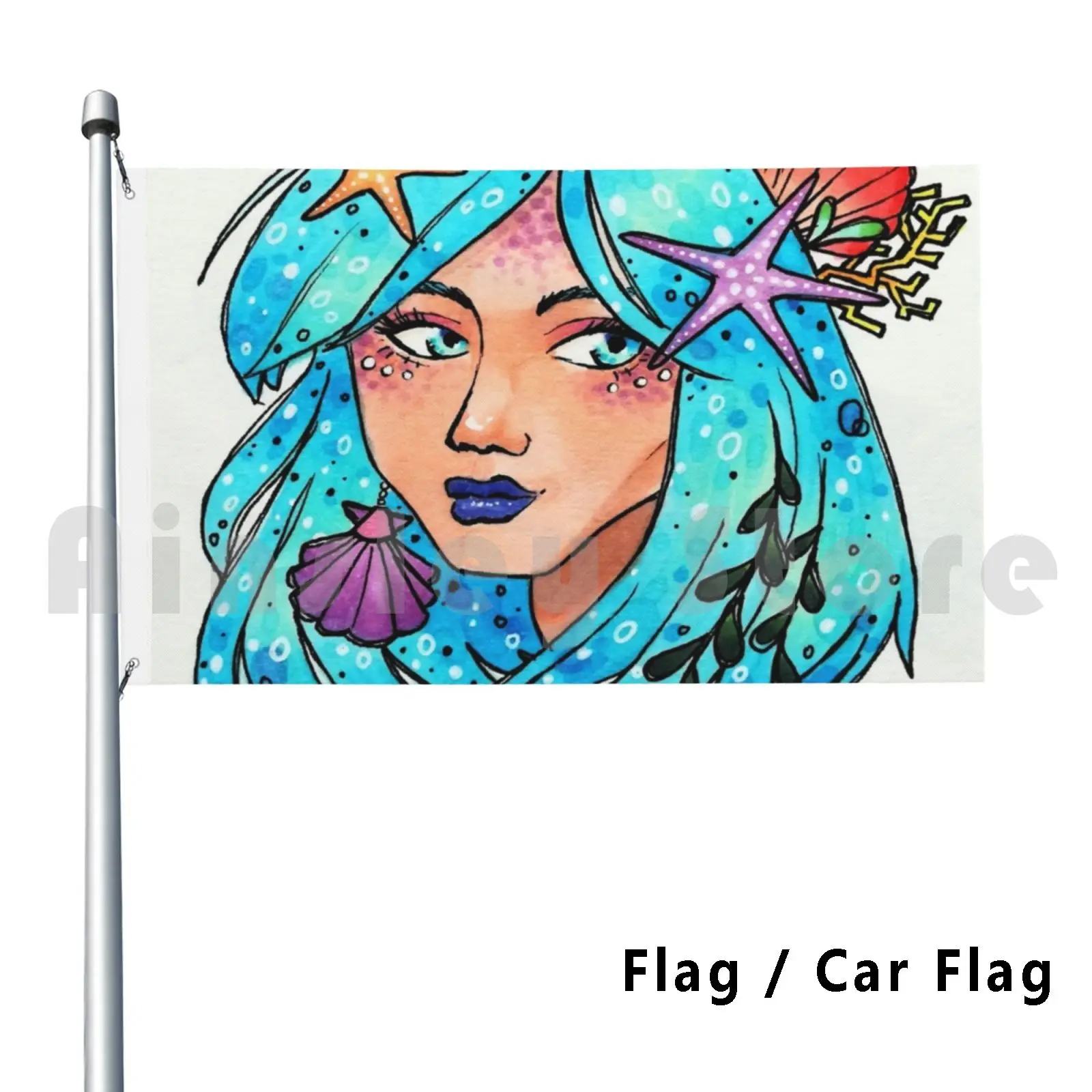 Ocean Vibes Outdoor Decor Flag Car Flag Water Ocean Sea Mermaid Girls Portrait Marker Copic Copicmarker Cute Oceanic
