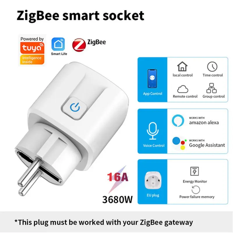 

ZigBee WiFi Smart Plug APP Control Tuya Outlet Adapter Power 110-230V 16A Monitor Timer Socket For Home Assistant Alexa Google