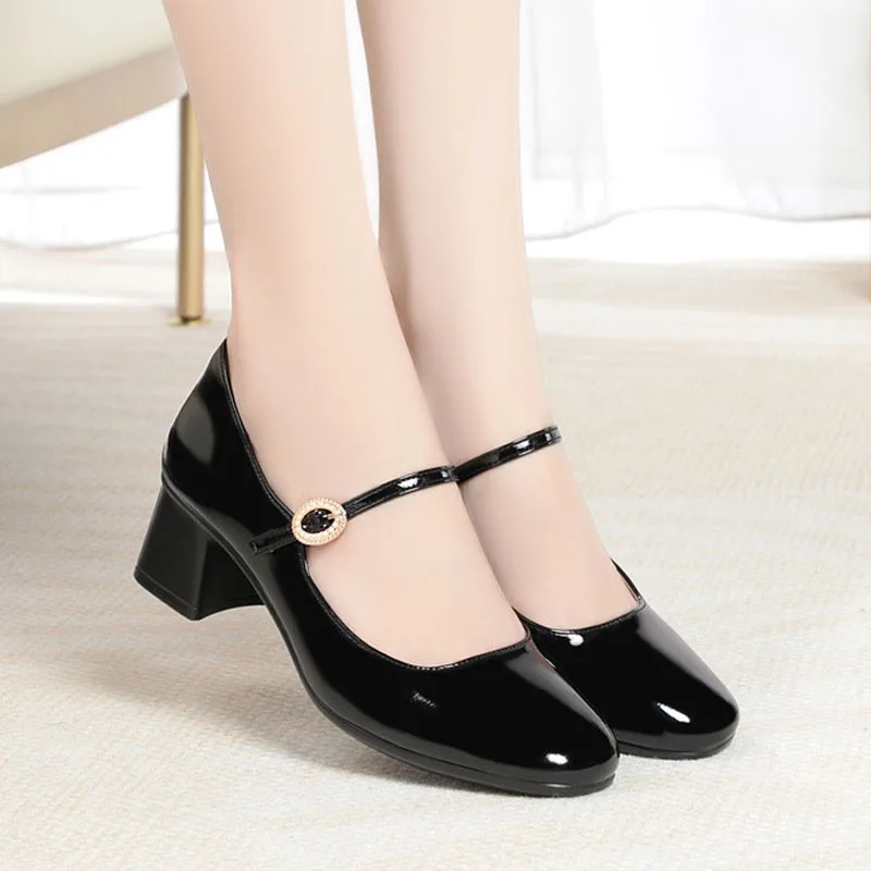 

Туфли женские из лакированной кожи, высокий каблук, квадратный носок, ремешок с пряжкой, мягкая подошва, квадратный каблук, туфли-лодочки, Tacones