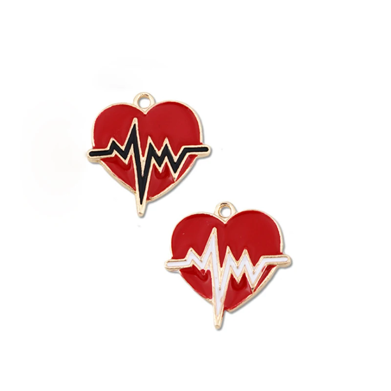 

10PC KC Gold Color Enamel Heart Electrocardiogram Charm Pendants For Jewelry Making Bracelet DIY Accessories 20x21mm