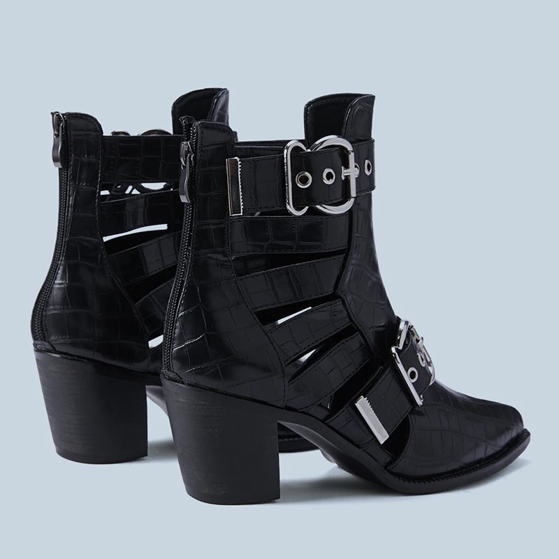 Thick Heel Stone Grain Pointed Woman Boots Hollow Buckle PU Leather Ankle Boots Sexy Spring Autumn Street Motorcycle Shoes Black