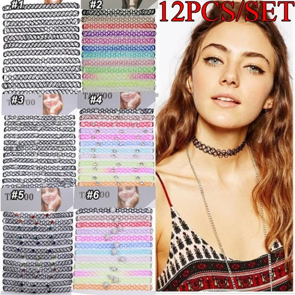 

12 Pcs/Set Fashion Fishline Tattoo Black Chokers Necklace Elastic Vintage Gothic Punk Hippy Hollow Chocker Women Jewelry Gifts
