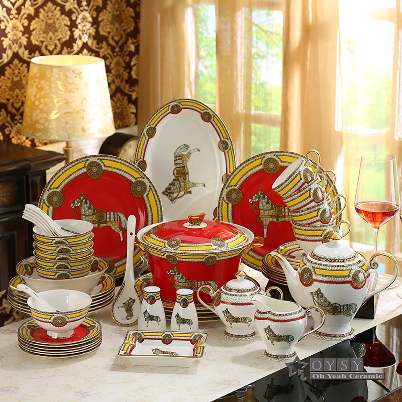 

Набор посуды из костяного фарфора, дизайн лошади, красный контур, Золото 58, набор посуды, Обеденный набор, кофейный набор, свадебный подарок, ...