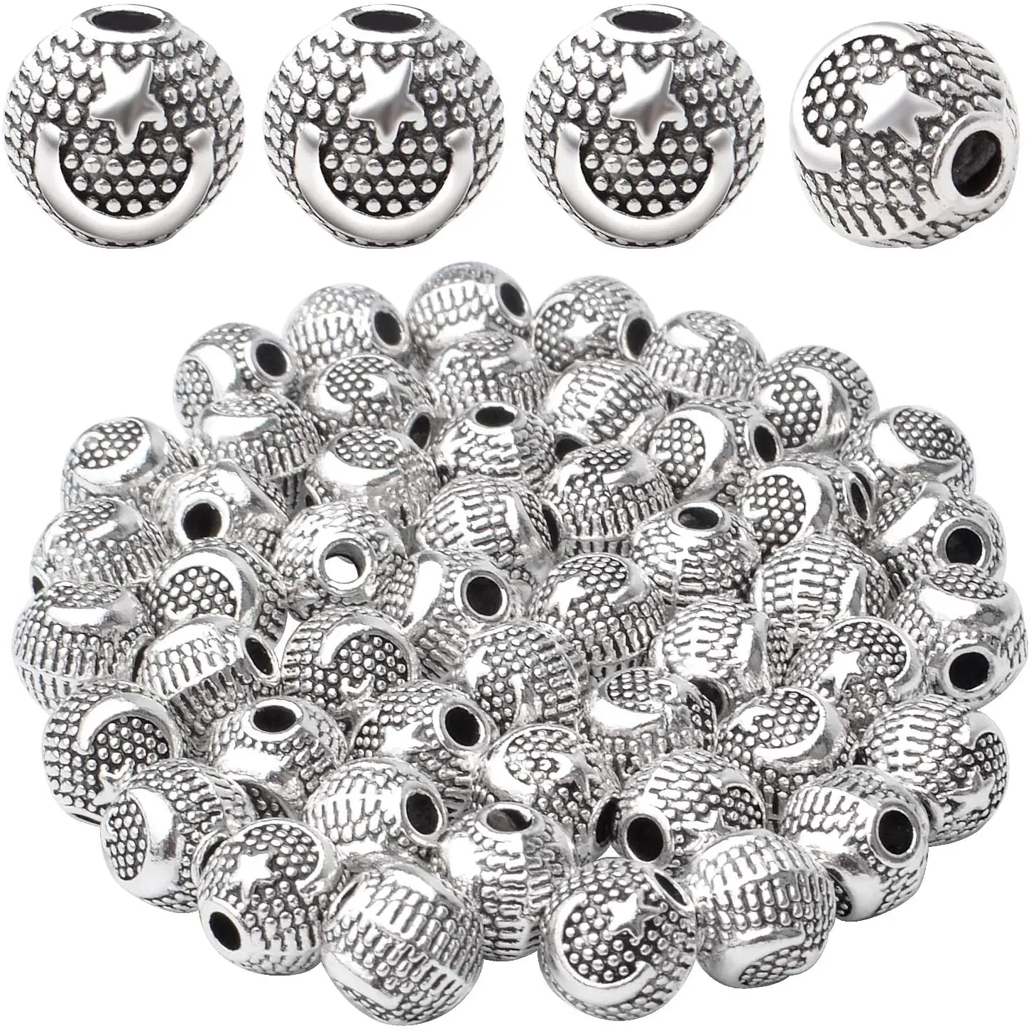 

50 шт., античные серебряные круглые бусины-разделители для бусин с подвесками в коробке для изготовления ожерелий, браслетов, ювелирных изделий своими руками