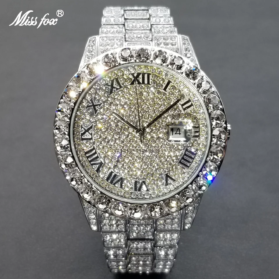

Luxury Men Watch Fashion Roman Numerals Full Diamond Quartz Wristwatch Hip Hop Bling Bling Iced Out Waterproof Clock Gift 2022
