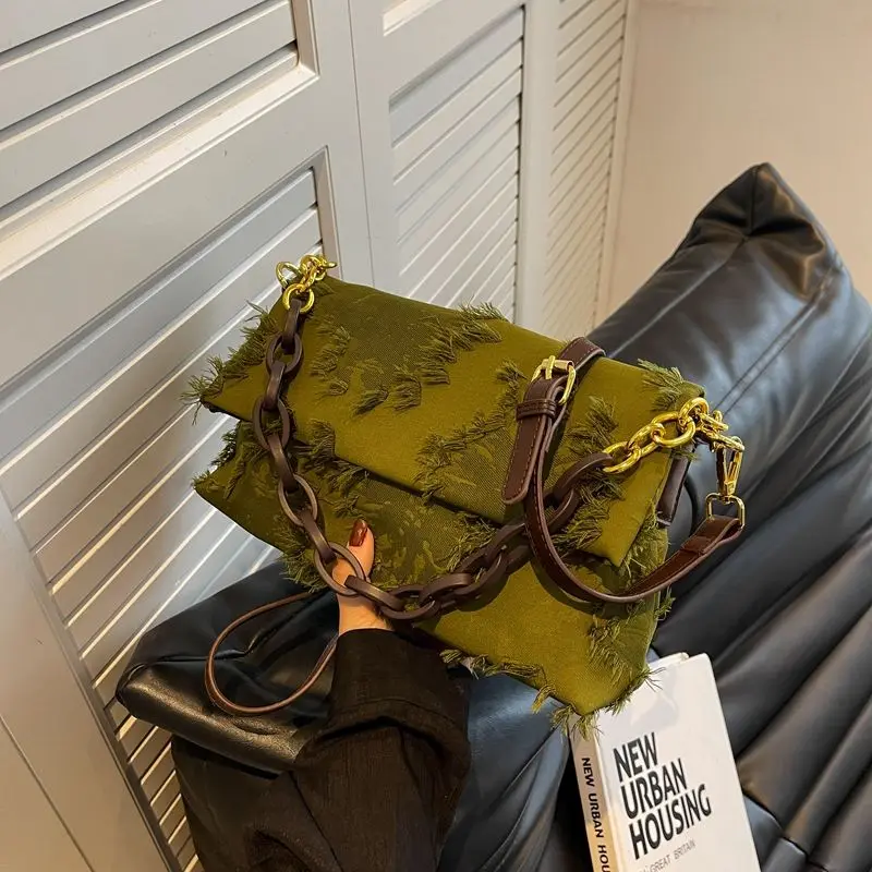 

Green Jacquard Fabric Envelope Bag Vintage Retro Bag Acrylic Chain Shoulder Crossbody Bag