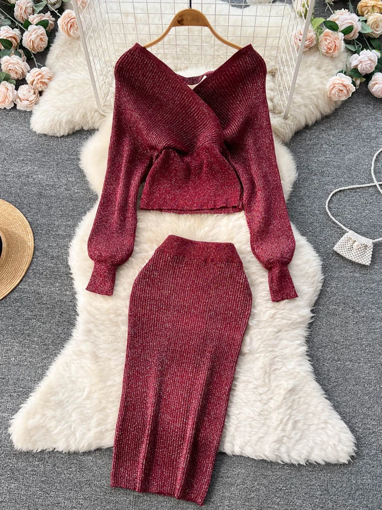

YuooMuoo Autumn Winter Women Dress Set Elegant Batwing Sleeve Knitted Sweater Tops + Skinny Slim High Waist Wrap Hips Skirts Set