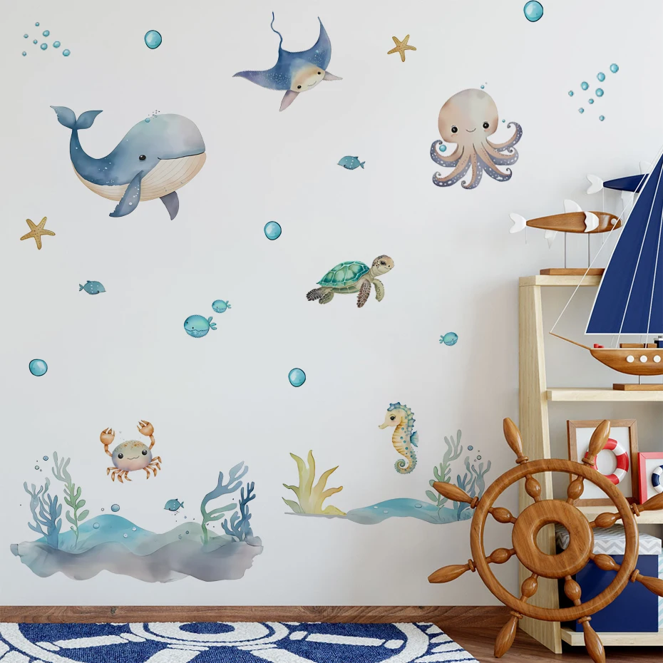 

Watercolor Cartoon Cute Marine Animals Whale Turtle Wall Sticker Vinyl Nursery Print Kids Boys Girls Room Wall Decal Home Decor