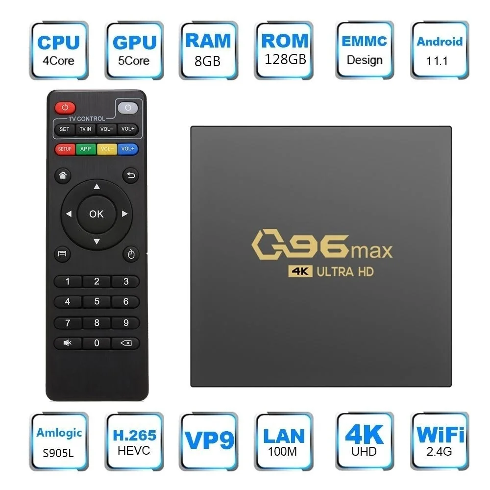 

Q96 MAX 2022 Новый 2,4G WIFI 8 ГБ + 128 Гб 4K H.265 медиаплеер телеприставка TV Box Quad Core Amlogic S905L горячая распродажа