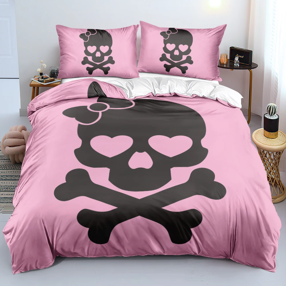 

3D Skull Pink Duvet Cover Sets Design Custom Black Skeleton Bed Linen Pillow Cases Girl Bedclothes Queen King Size Bedding Set