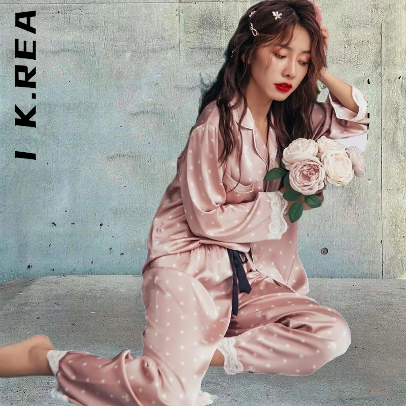 

Модные женские пижамы I K.Rea с принтом, модные милые кружевные брюки с манжетами и длинным рукавом, тонкая Домашняя одежда, одежда для сна