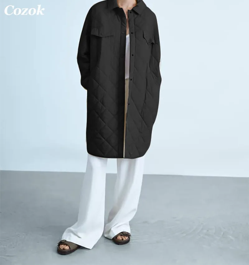 2021 Winter New Korean Style Long Cotton-padded Coat Women's Casual Stand-up Collar Argyle Pattern Oversized Parka Elegant Coat