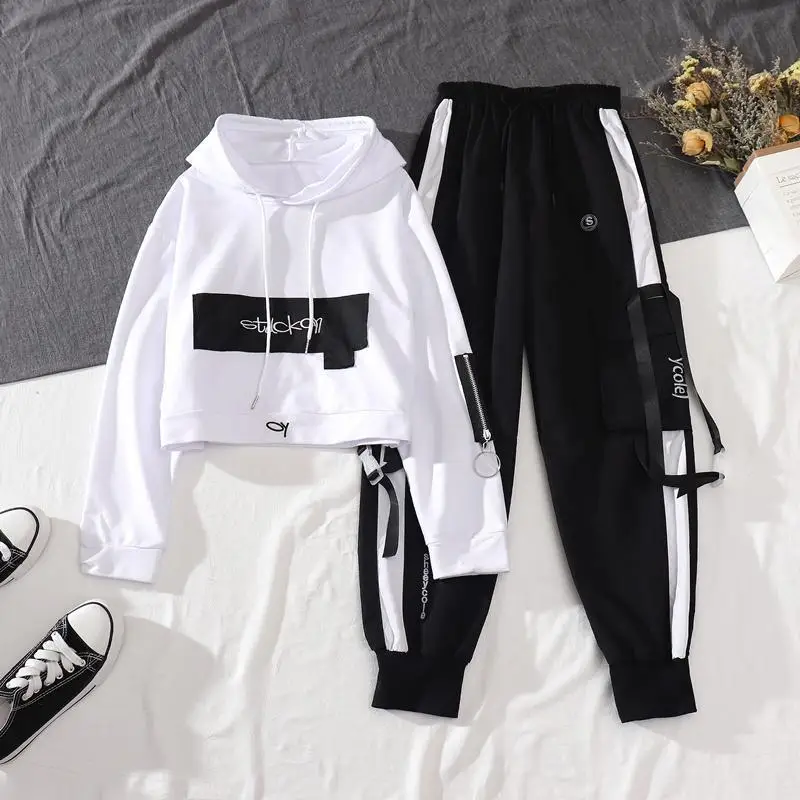 

Spring Autumn Female Streetwear Cargo Pants Loose High Waist Joggers Women 2 Piece Long Sleeve Top With Casual Trousers