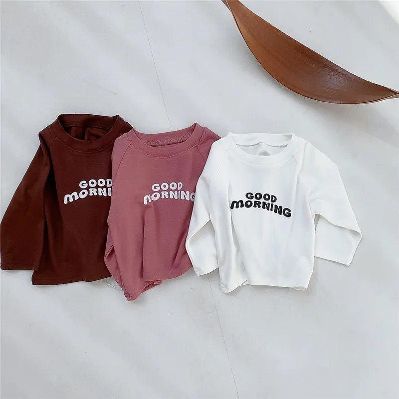 

2022 Autumn Kid Letter Long Sleeve T-shirt Children Girl Fashion Bottoming Shirt Newborn Boy Cottom Loose Tops Baby Solid Tees