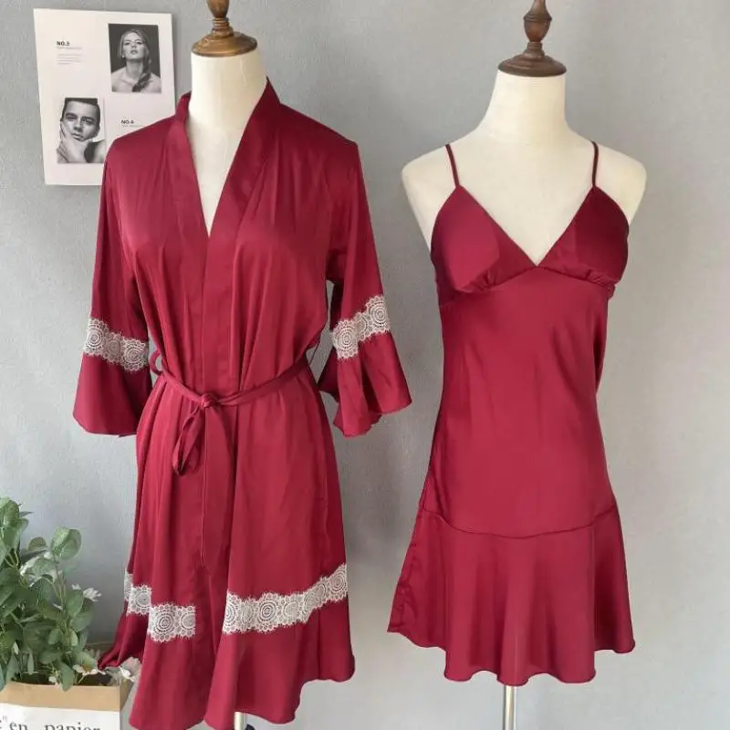 

Sexy V-neck Nighty&Robe Set Satin Silky 2PCS Sleepwear Women Bathrobe Gown Bride Bridesmaid Wedding Robe Suit Home Clothing
