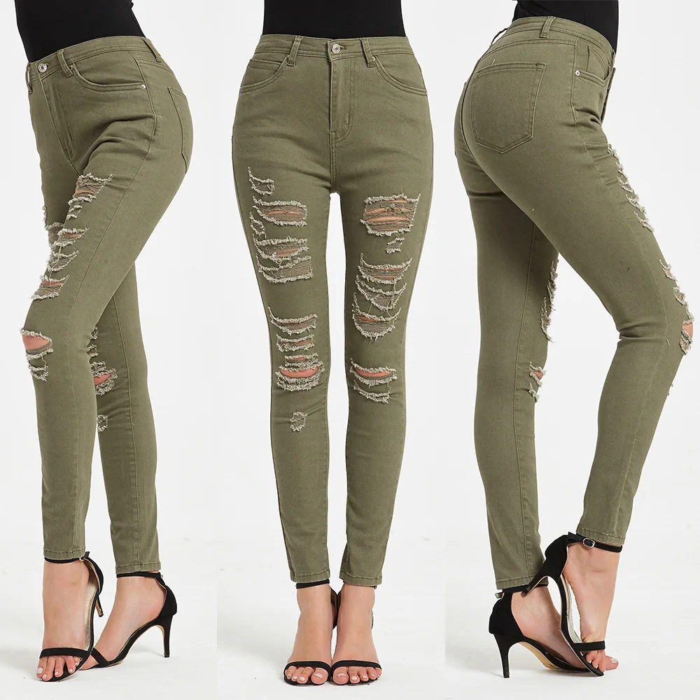 

Spring And Summer New Fashion Solid Color Tight Pants Ripped Casual Jeans Women