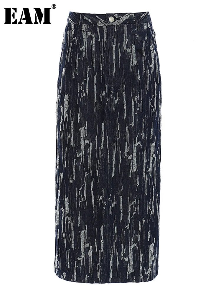 

[EAM] High Waist Blue Burr Split Joint Temperament Long Denim Half-body Skirt Women Fashion Tide New Spring Autumn 2022 1DC027