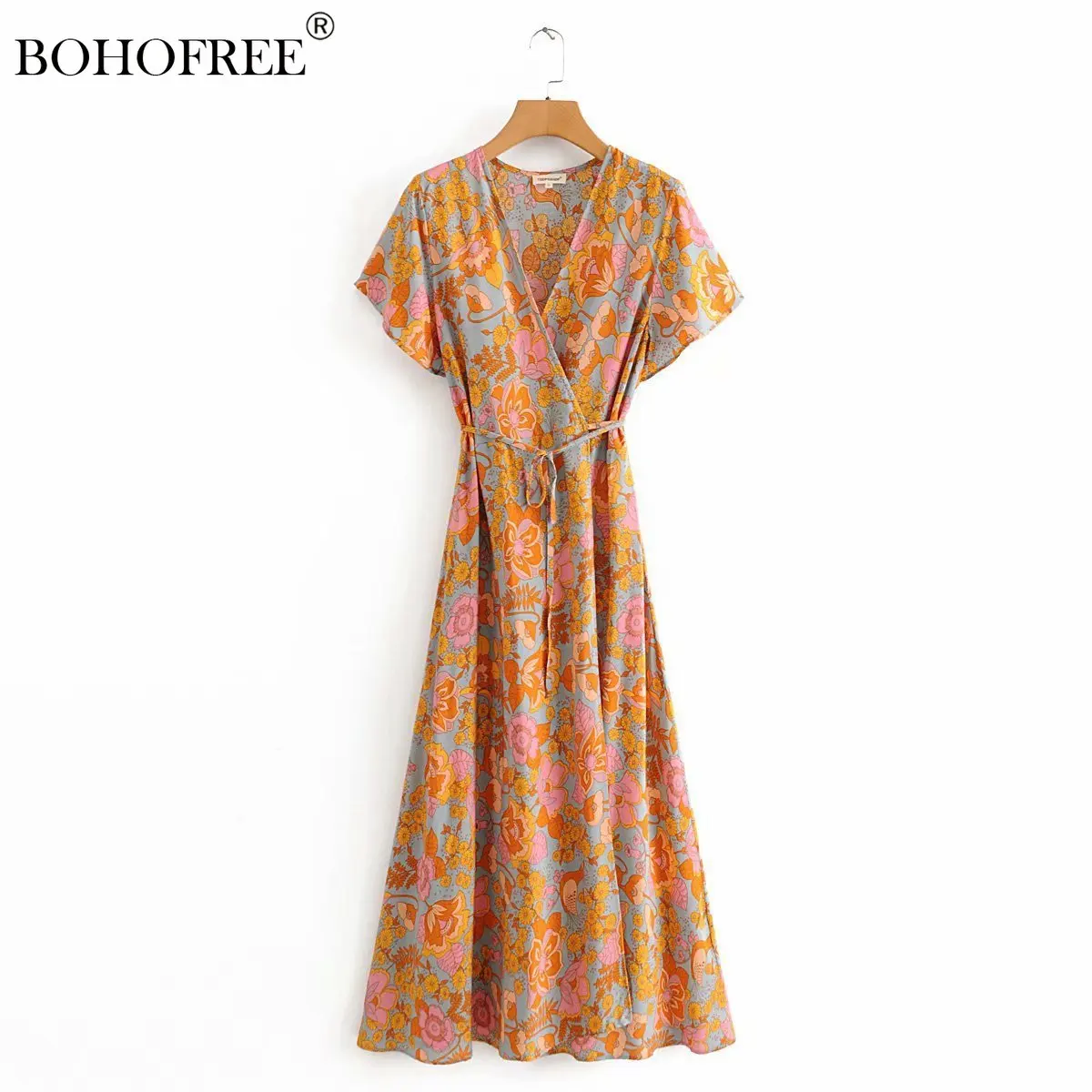 Vintage Boho Wrap Dress Yellow Printed Maxi Hippie Vestido Casual Women Clothes Maxi Dress Femme Bohemian Rayon Cotton Dress