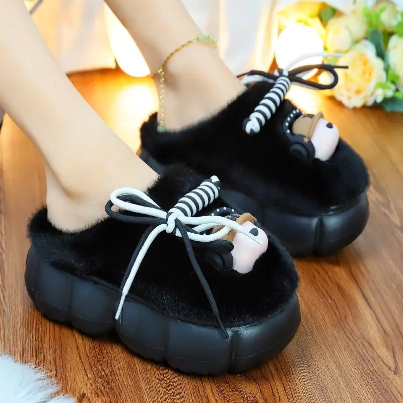 Красивые кофейные пушистые тапочки для девушек Женская милая собака с