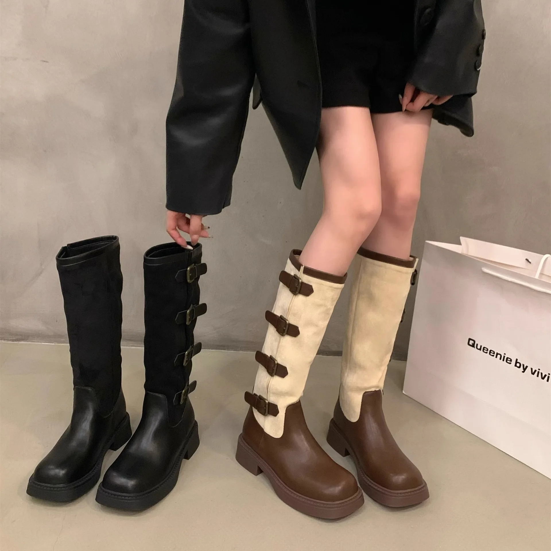 

Vintage Suede Patchwork Women's Boots New Autumn Thick Platform Short Brown Riding Boots