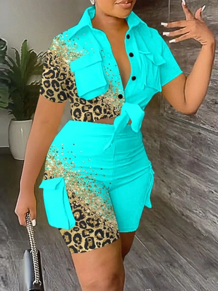 

LW Leopard Print Pockets Design Color Contrast Two Pieces Button Up Short Sleeve Lapel Neck T-shirt&High Wasit Pants Suits
