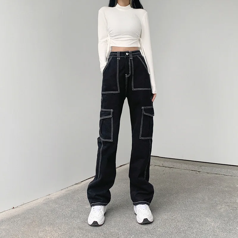 High Street Thin Bright Line Design Sense Handsome Jeans Women High Waist Loose Street Style Wide Leg Workwear Trousers Fashion