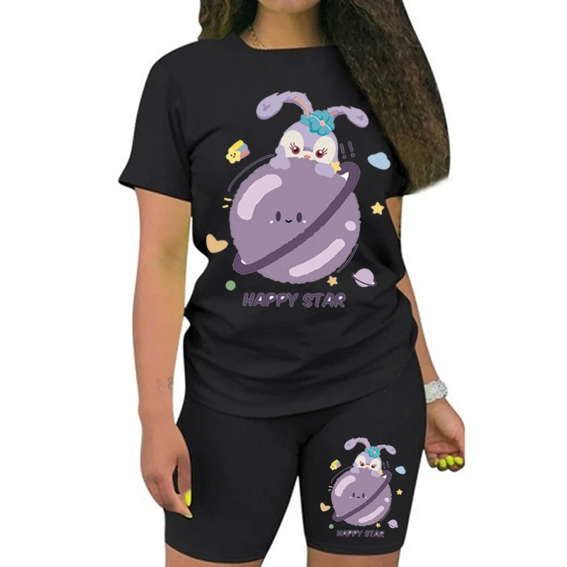 Kawaii Disney StellaLou And Friends Print Para Verano Summer Women T-Shirt Casual Loose Top+Sports Leggings Set Camisetas Mujer