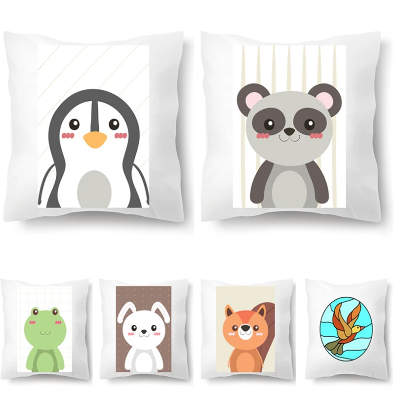 

Cute Cartoon Animal Bear Bird Frog Rabbit Print Linen Cushion Cover Pillow Case For Child Bedroom School Chair Sofa Home Decor