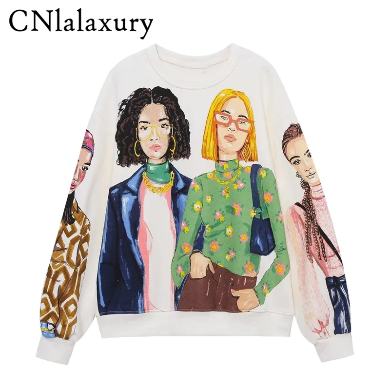 

CNlalaxury Casual Woman Autumn Printed Sweatshirt Round Neck Long Sleeves Hoodie O-neck Pullover Top Fashion Sudaderas Female