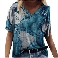 new summer fashion women retro abstract map botanical floral print ladies t shirt short sleeve street top v neck hot sale