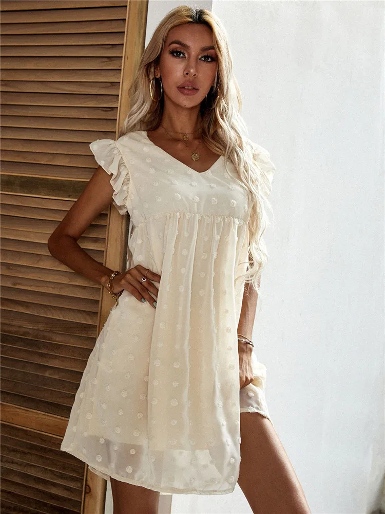 

Платье женское ТРАПЕЦИЕВИДНОЕ с оборками, V-образным вырезом и рукавом-бабочкой