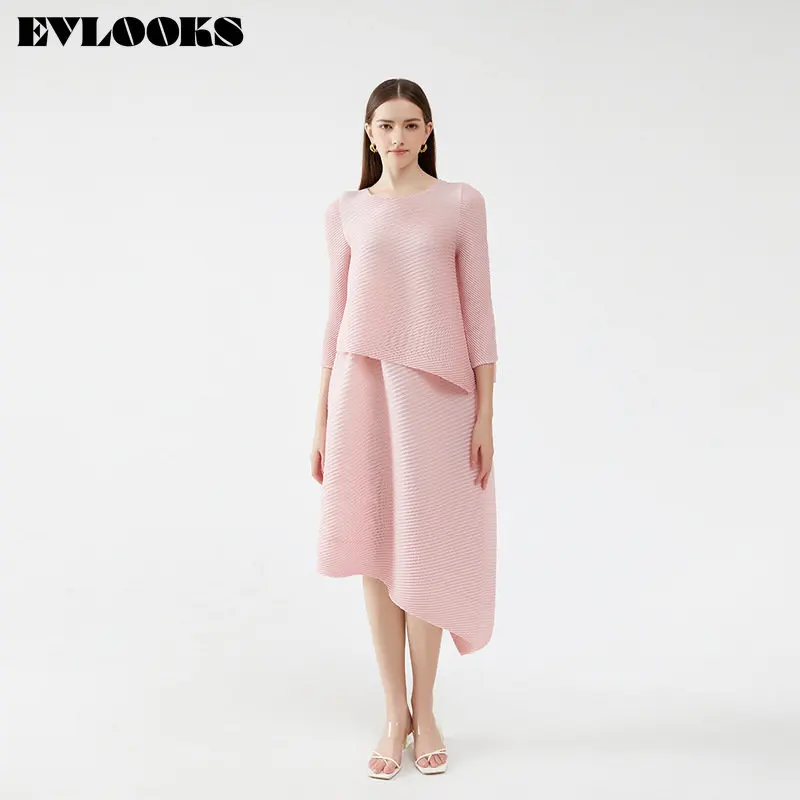 

EVLOOKS Miyak Multicolour Asymmetrical Half-body Skirt Two Pieces Suit New Round Neck Loose Women Spring Summer 2023