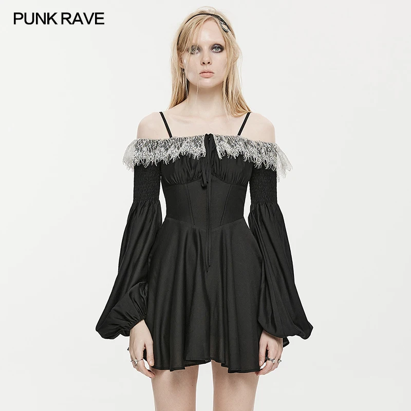 

PUNKRAVE Women's Dress Off Shoulder Lace Edge Court Long Sleeve Dress Gothic Collect Waist Lace Edge Neck Bands Sexy Mini Dress