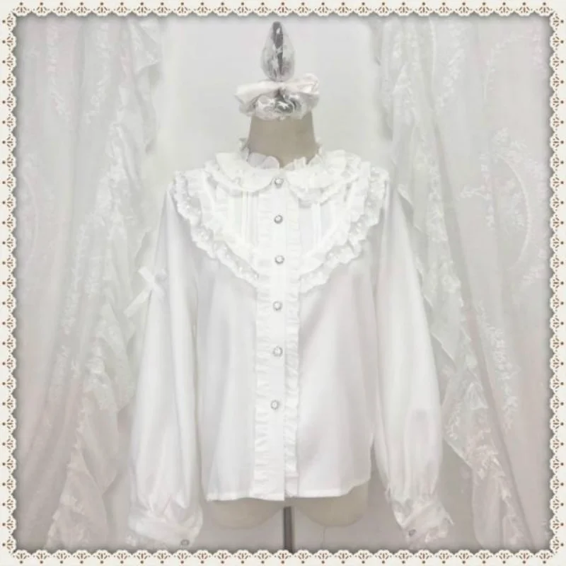 

Japanese Preppy Style Autumn Spring Women White Shirt Stand Collar Ruffles Femininos Blusas Cute Kawaii Sweet Lolita Girl Blouse