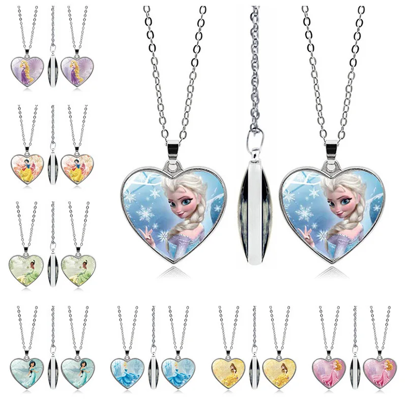 Disney Frozen Necklace Anime Figures Elsa Princess Anna Cinderella Heart Shaped Figure Pendant Girl Accessories Birthday Gifts