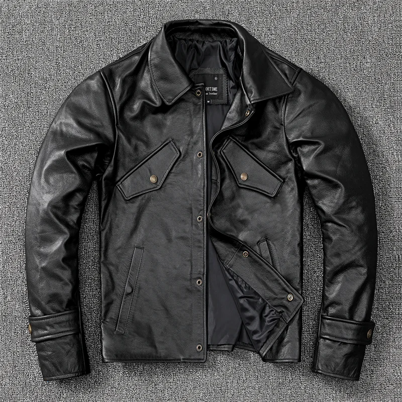 

New Pure Cow Soft Leather Jacket Men'S Coats Lapel Slim Casual Suit Veste Homme Jaqueta Masculina Black Fashion Erkek Mont