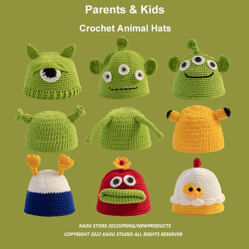 

Parents Kids Winter Crochet Cartoon Animal Beanie Hat Cute Handmade Knitted Bowler Hat for Mother and Baby Monsters Cap