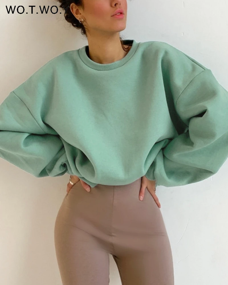 

WOTWOY Autumn Winter Fur-Liner Oversized Sweatshirt Women Casual Thickening Fleece Pullovers Female Soft Warm Green Tops 2021