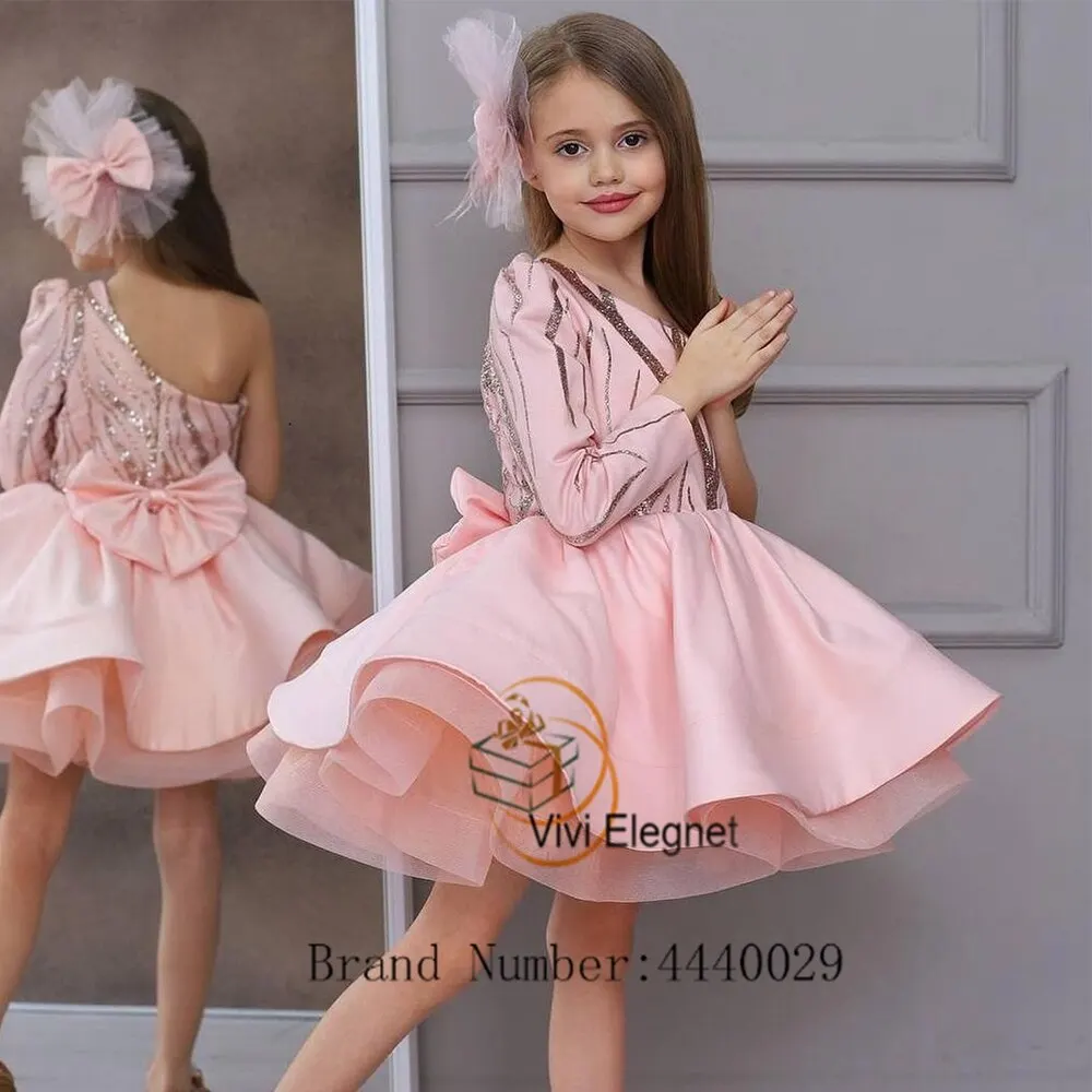 

Glitter Pink One Shoulder Flower Girl Dresses for Women 2023 New Summer Tiered Wedding Party Gowns Sequined فساتين اطفال للعيد