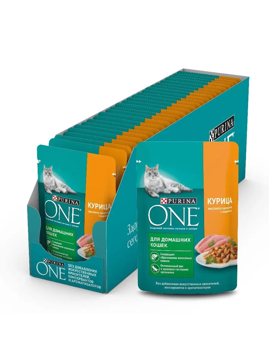 Purina One влажный корм для взрослых домашних кошек всех пород, курица с морковью (26шт в уп) 75 гр