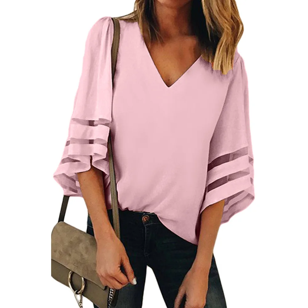 Spring new solid color V-neck flare three-quarter sleeve loose chiffon shirt women's casual top Black