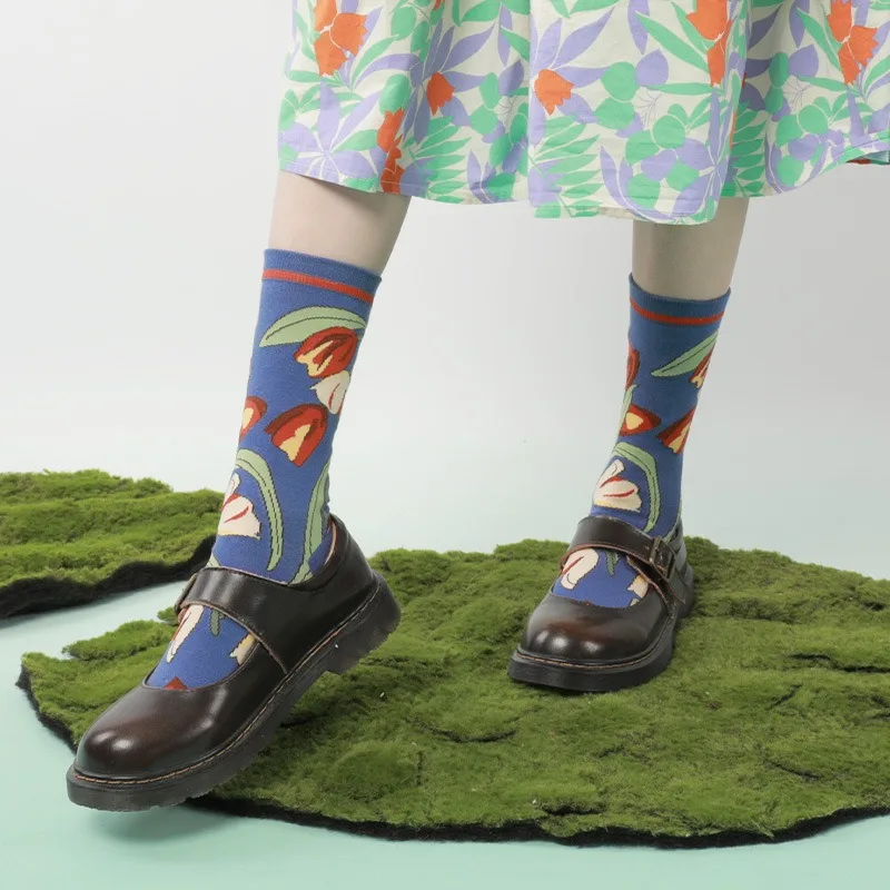 Модные женские носки с цветочным принтом зимние и весенние хлопковые защитой от