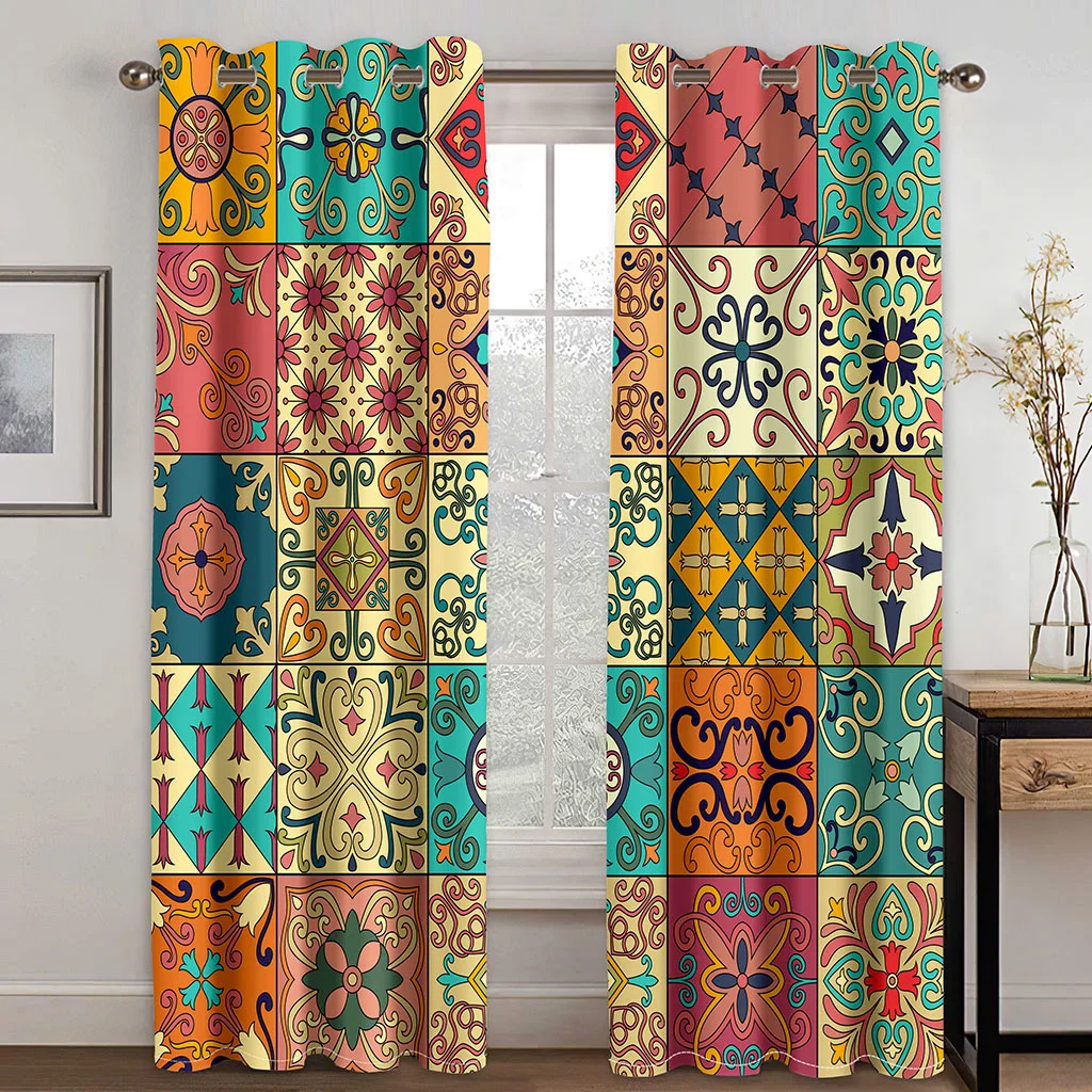 Vintage Moroccan Tile Pattern Curtains 2 Panels Boho Mediterranean Style Window Drapes Living Room Bedroom Home Decor