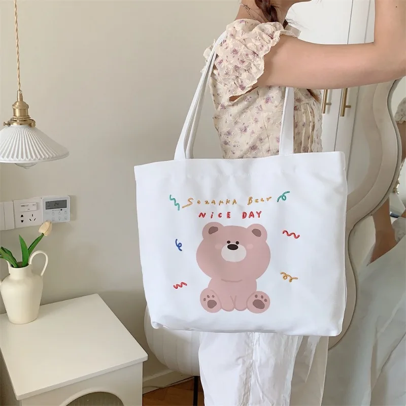 

Youda New Style Canvas Fabric Shoulder Bag for Women Cute Bear Swan Pattern Handbag Large Casual Capacity Shopper Tote Bags