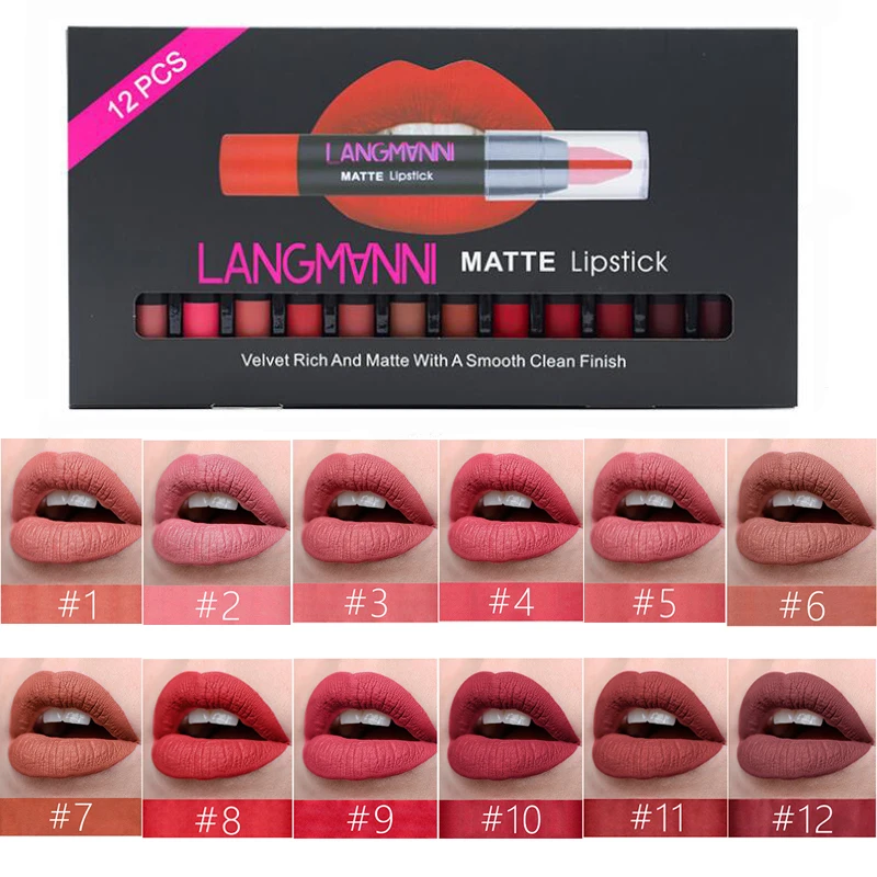 

12pcs/lot Matte Lipstick Set Long Lasting Lip Pen Lipstick Cosmetic Kit Waterproof Velvet Lip Gloss Sexy Lip Makeup Beauty Tint
