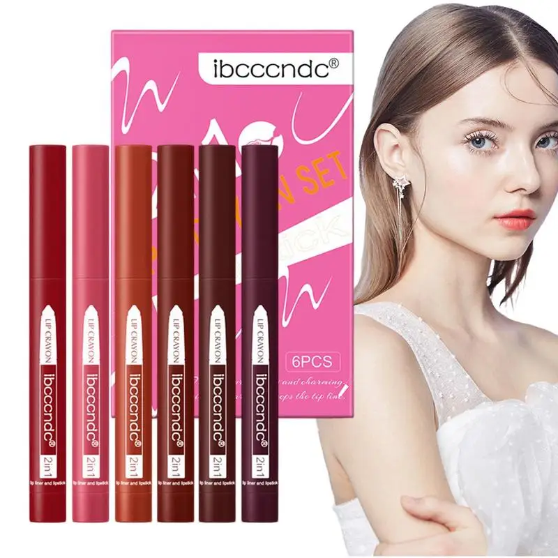 

Lip Pencil Lipstick Pen Matte 6-Color Set Longwear Built-In Pencil Sharpener Velvety Nude Lipliner Make Up Gift Set Cosmetics