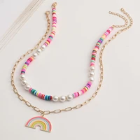 personality colorful soft clay beads chain clavicle necklace women alloy drip rainbow pendant necklace choker for girls jewelry