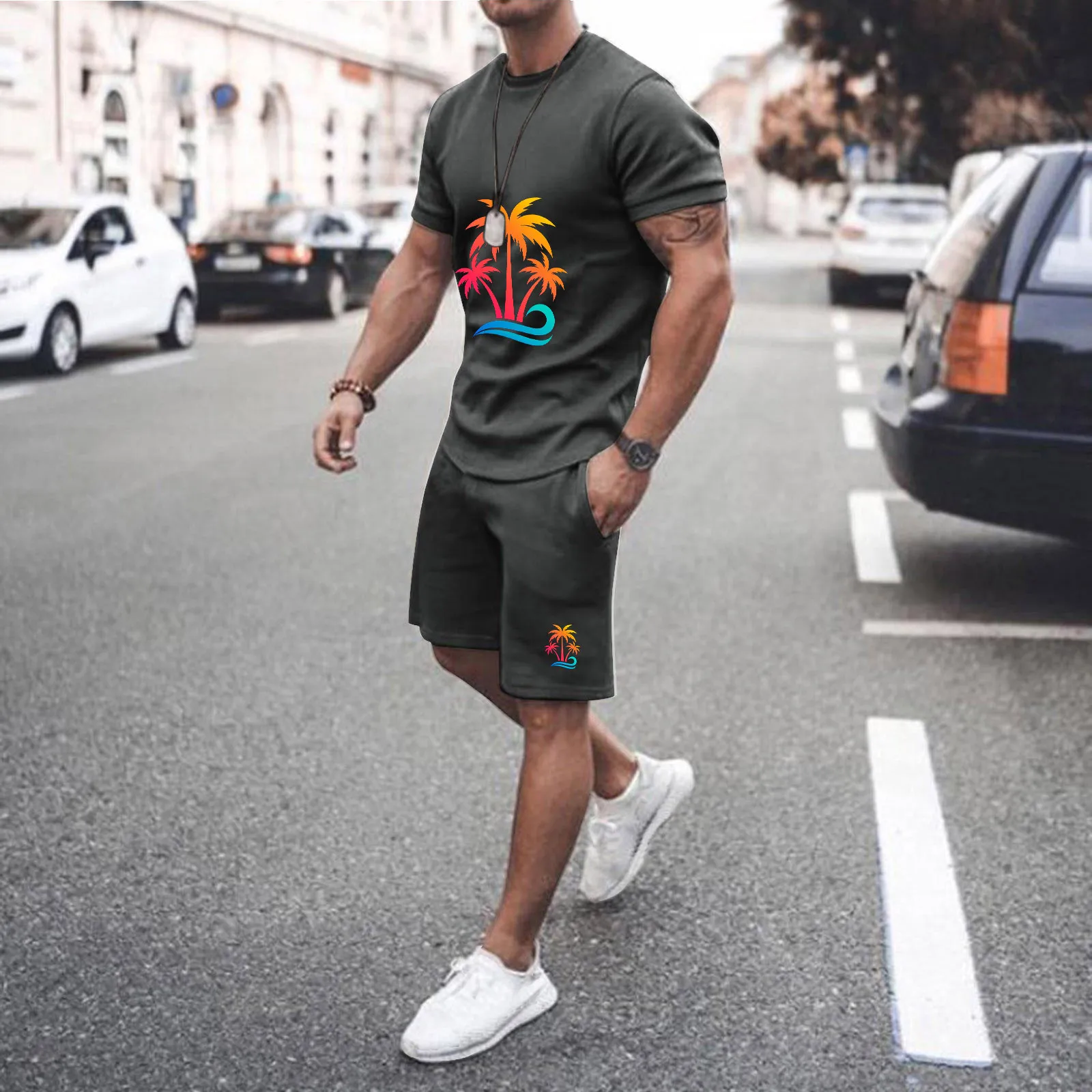 Summer Men 2 Piece Suit Coconut Tree Print Tops Casual Quick Dry Shorts Male Set Streetwear Ropa Hombre Dailywear Conjuntos