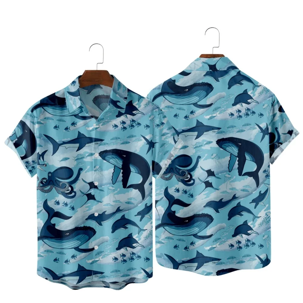 

2022 Whale Shark Sea World Pattern Print Vintage Shirt, Fashion Casual Hawaiian Beach Style, Summer Shirts for Men and Women